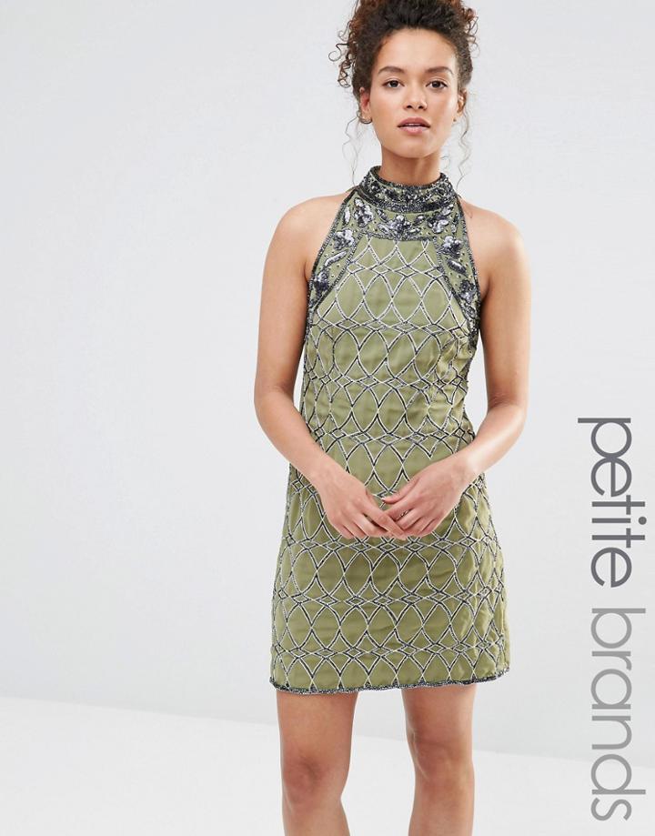 Maya Petite Embellished Shift Dress With High Neck - Khaki