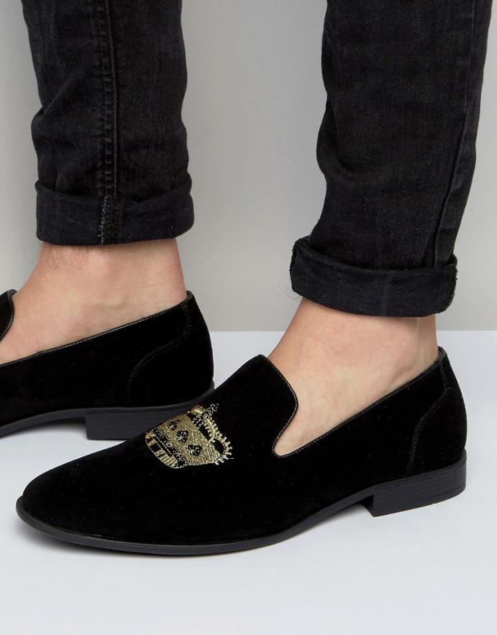 Asos Smart Loafers In Black Faux Suede With Crown Embroidery - Black