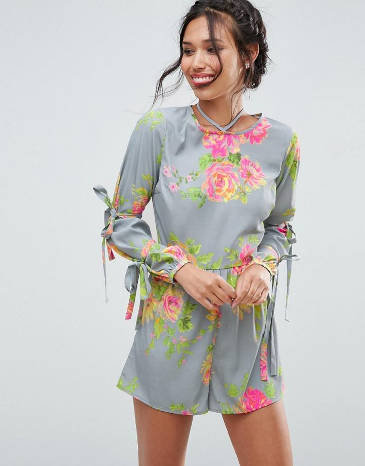 Asos Occasion Floral Romper With Strap Tie Sleeves - Multi