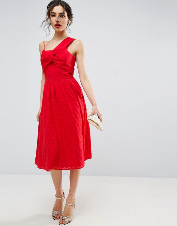 Asos One Shoulder Midi Sundress In Dobby Fabric - Red