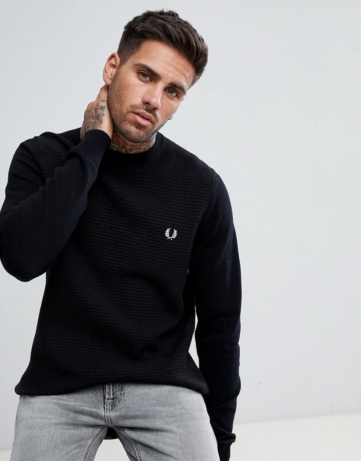 Fred Perry Textured Knitted Crew Neck Sweater In Navy - Black