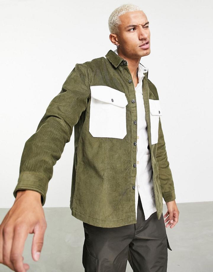 Topman Cord Overshirt With Contrast Pockets In Khaki-green