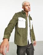 Topman Cord Overshirt With Contrast Pockets In Khaki-green