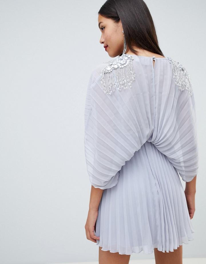 Asos Design Pleated Kimono Mini Dress With Cluster Embellished Shoulders - Blue