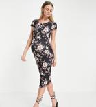 Flounce Maternity Basic Jersey Midi Dress With Cap Sleeves In Dark Floral-black