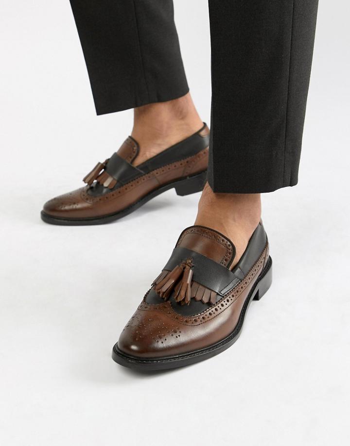 Asos Design Loafers In Tan And Black Leather With Natural Sole And Fringe Detail