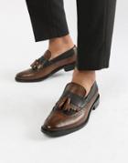 Asos Design Loafers In Tan And Black Leather With Natural Sole And Fringe Detail