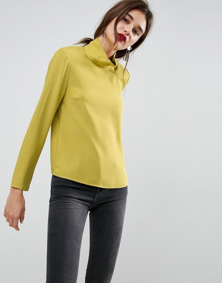 Asos Funnel Neck Top With Shoulder Pads - Yellow