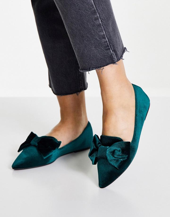 Asos Design Lake Bow Pointed Ballet Flats In Teal Velvet-blue