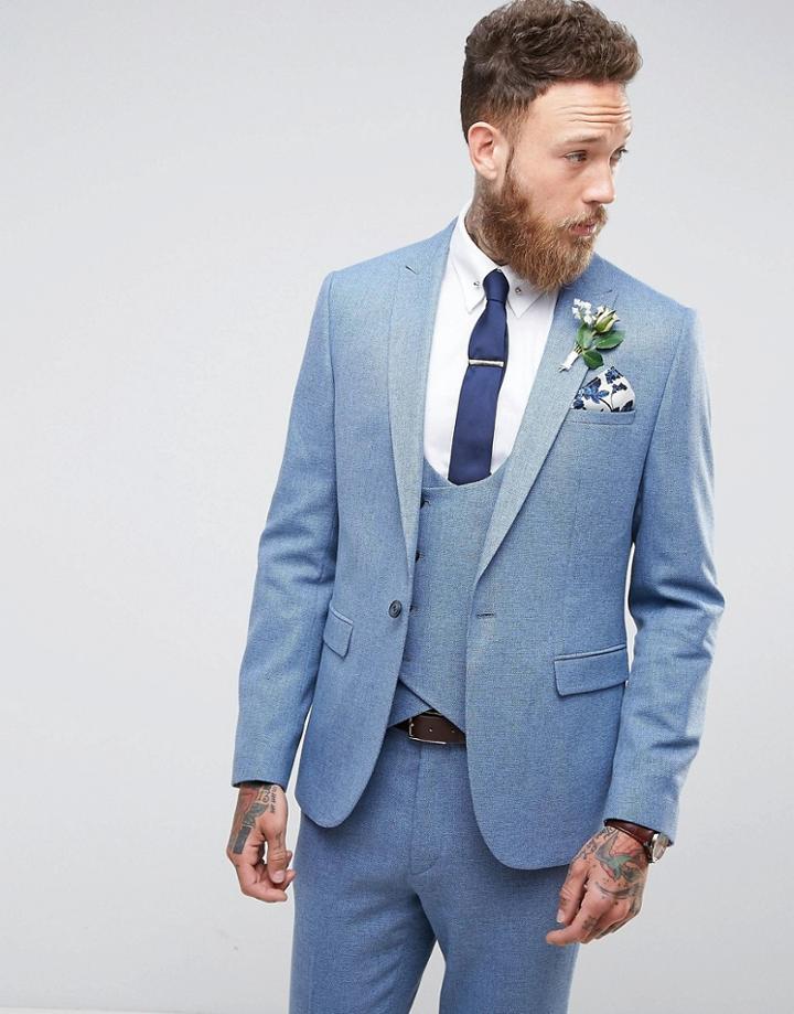 Asos Wedding Skinny Suit Jacket In Airforce Blue Micro Texture - Blue