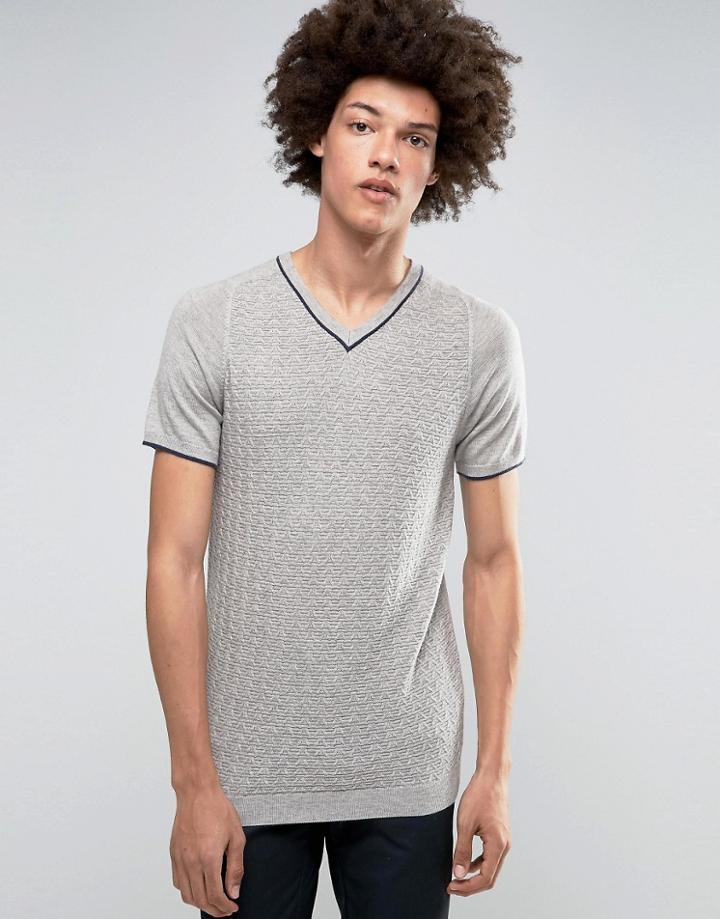 Asos Knitted V Neck Tshirt In Merino Wool Mix - Gray