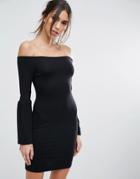Asos Off Shoulder Bodycon Mini Dress With Trumpet Sleeves - Black