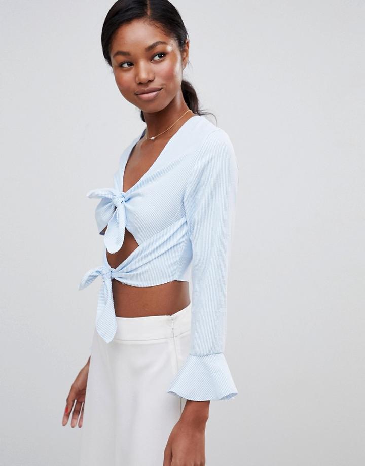 Love Double Tie Long Sleeve Crop Top-blue