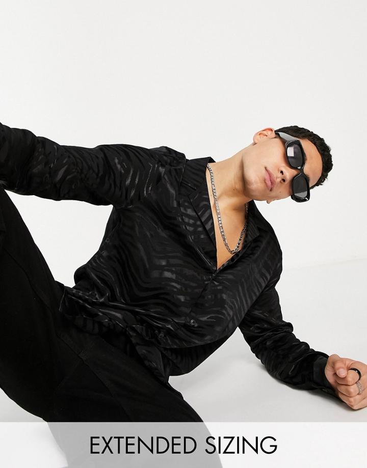Asos Design Regular Deep Camp Collar Satin Shirt With Jacquard Tiger Print-black
