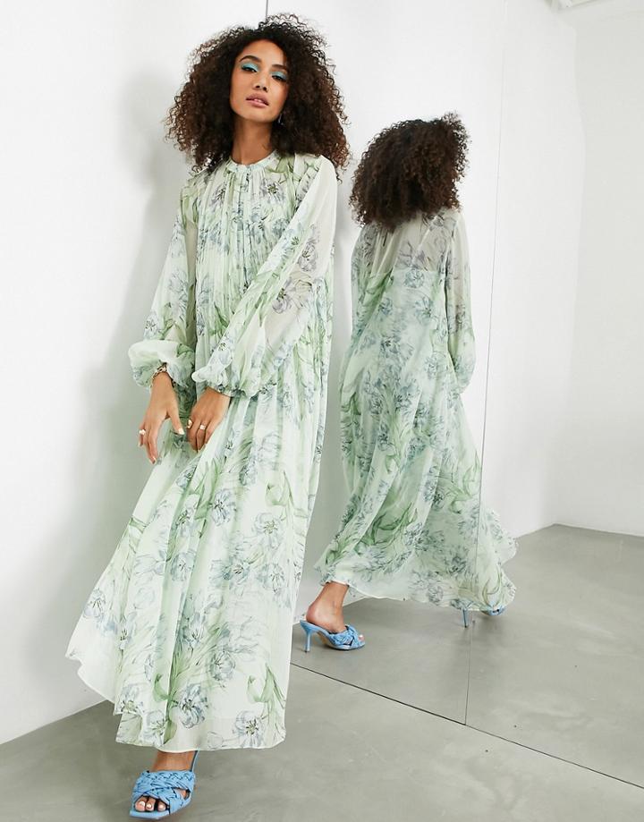 Asos Edition Shirred Front Maxi Dress In Green Floral Print
