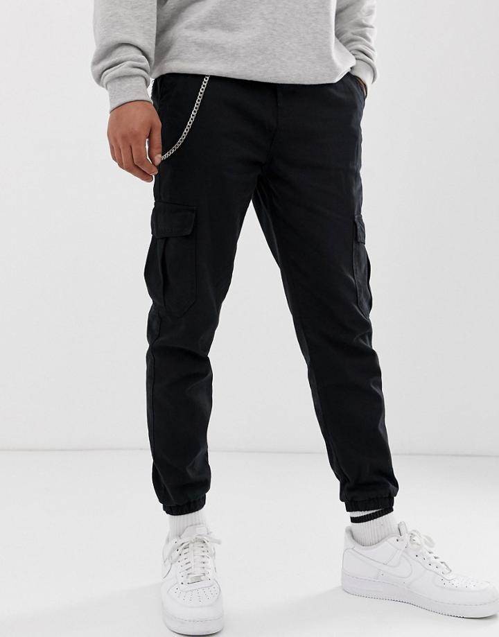 Bershka Cargo Pants With Chain In Black - Black