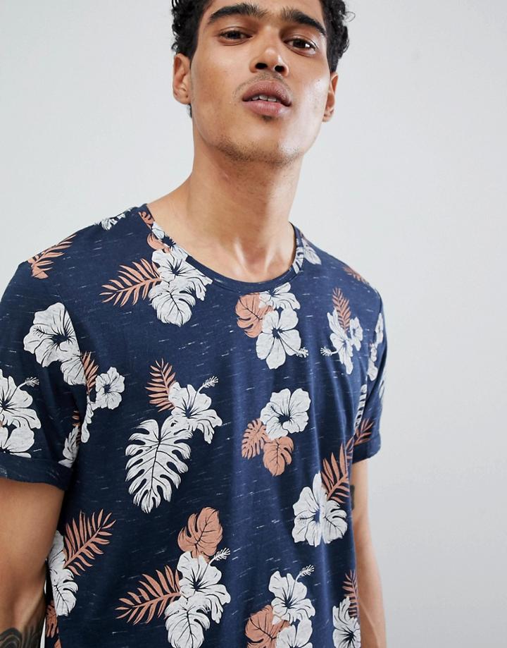 Esprit T-shirt With Tropical Print And Curved Hem - Navy