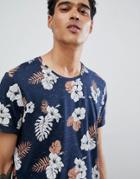 Esprit T-shirt With Tropical Print And Curved Hem - Navy