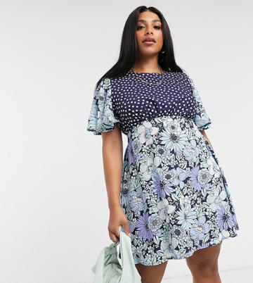 Twisted Wunder Plus Mini Dress In Floral Spot Mix-blues