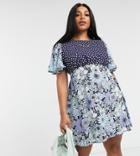 Twisted Wunder Plus Mini Dress In Floral Spot Mix-blues