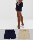 Asos Design 2 Pack Slim Shorter Chino Shorts With Elastic Waist In Putty & Navy - Multi