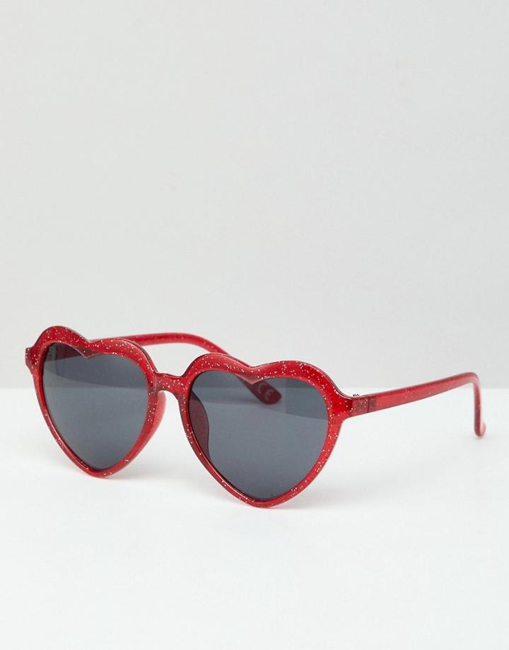 Asos Design Heart Shaped Sunglasses In Red Glitter - Red