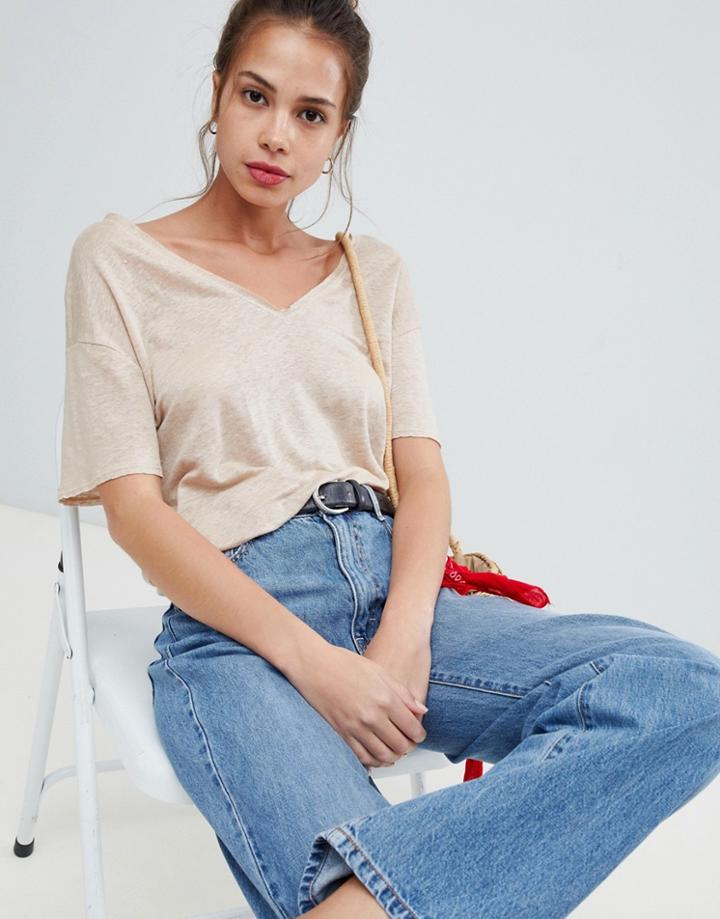 Pull & Bear Frayed Edge V Neck T-shirt In Beige - Beige