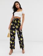Qed London Wide Leg Palazzo Pants In Navy Floral - Navy