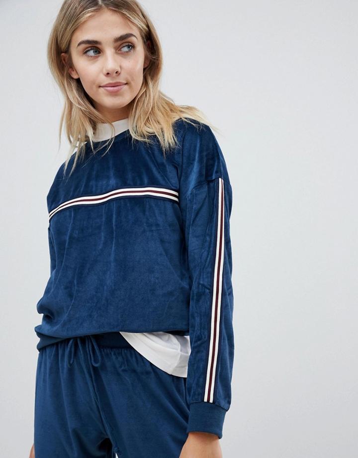 Brave Soul Kady Velour Track Top With Side Stripe - Navy