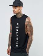 Asos Sleeveless T-shirt With Worldwide Print And Dropped Armhole - Black