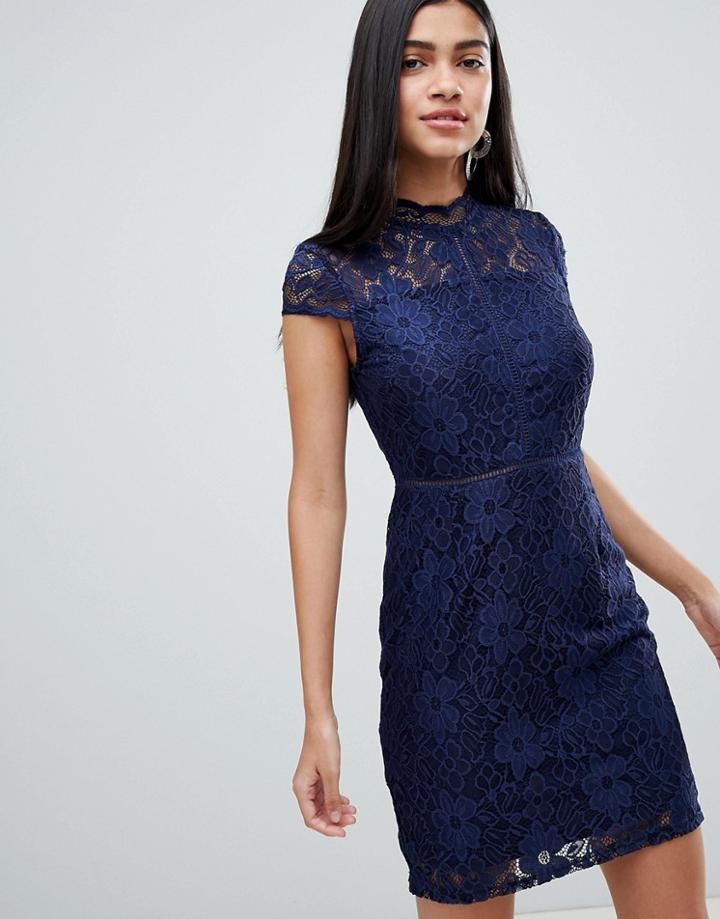Qed London Cap Sleeve Lace Dress - Navy