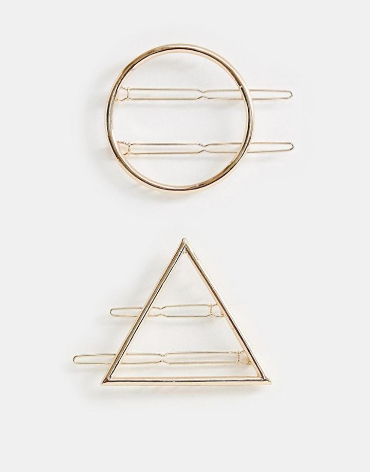 Asos Design Pack Of 2 Barette Hair Clips In Circle And Triangle In Gold