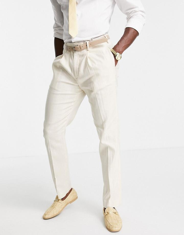 Asos Design Wedding Linen Mix Slim Suit Pants With Wide Stripe In Stone-neutral