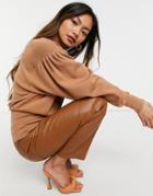Asos Design High Neck Sweater With Batwing Sleeves In Camel-neutral