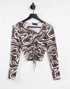 Asos Design Fitted Top With Ruching In Marble Print In Brown