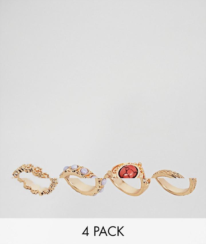 Asos Design Pack Of 4 Mixed Stone And Floral Band Rings - Gold
