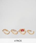 Asos Design Pack Of 4 Mixed Stone And Floral Band Rings - Gold
