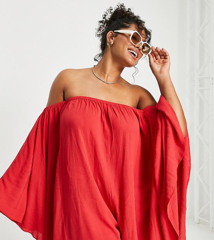 Asos Design Curve Batwing Beach Romper In Red