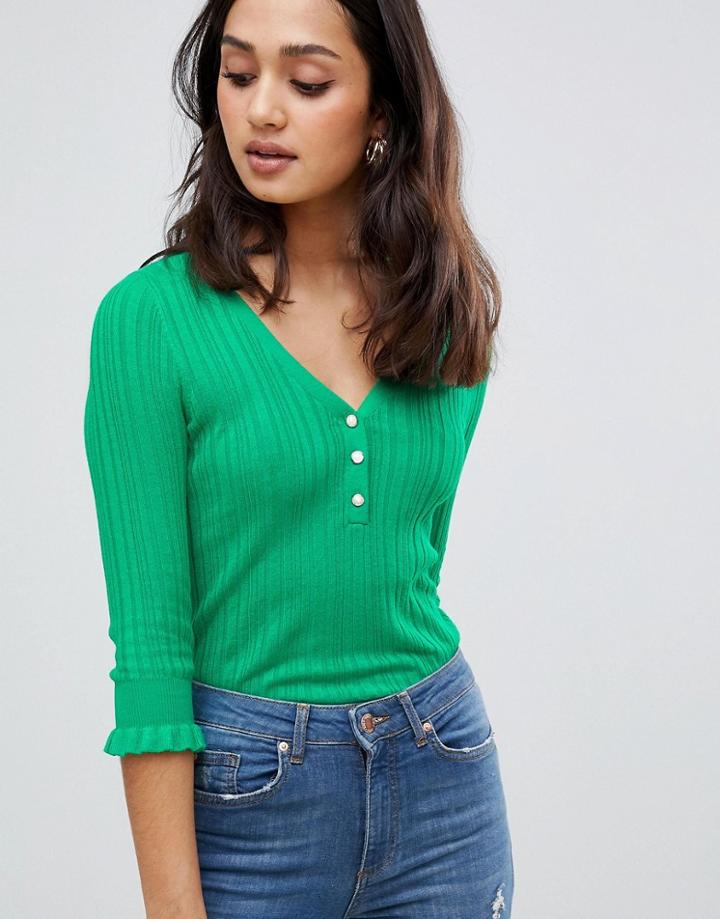 Miss Selfridge Lightweight Sweater With Button Front In Green - Green