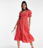 In The Style X Jac Jossa Exclusive Button Through Puff Sleeve Midi Dress In Red Ditsy Print-multi
