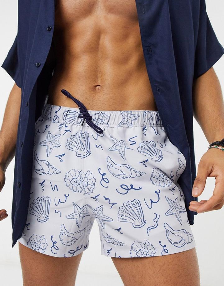 Asos Design Swim Shorts With Hand Drawn Shell Print In Short Length-gray