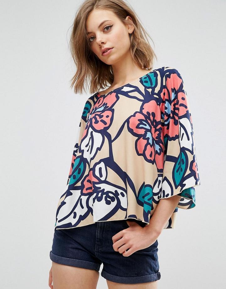 Traffic People Bold Print Bell Sleeve Top - Beige