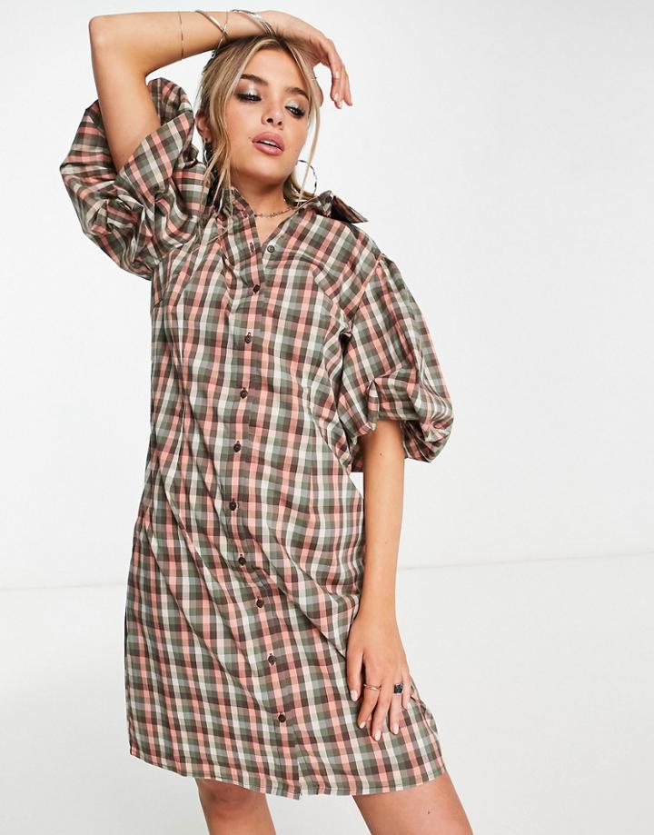 Object Check Mini Dress With Puff Sleeves In Khaki-green