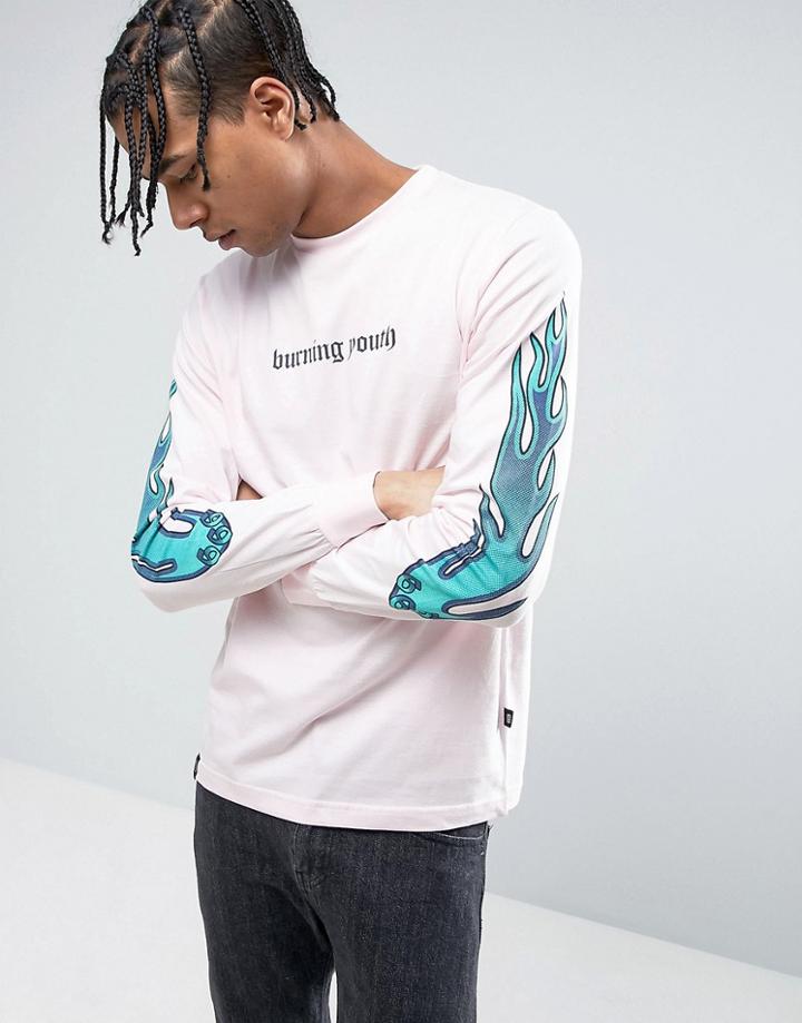 Wasted Paris Long Sleeve T-shirt With Flame Sleeve Print In Pink - Pink