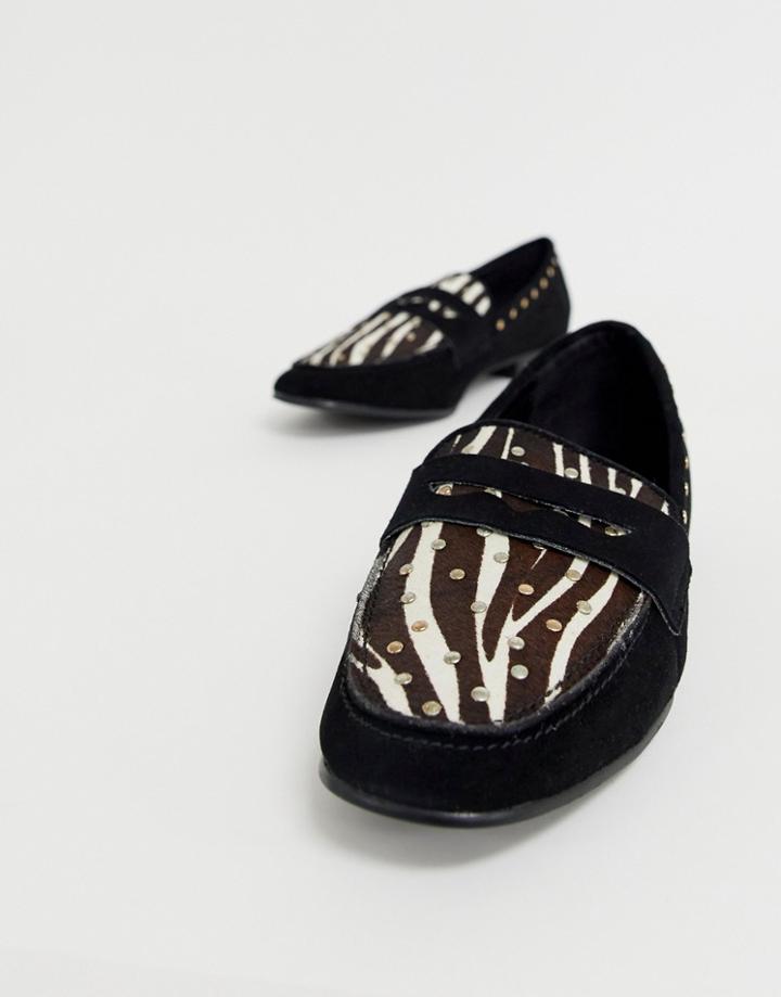 River Island Leather Loafers In Zebra Print-black