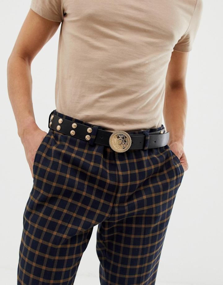 Asos Design Faux Leather Wide Belt In Black With Vintage Gold Coin Circle Buckle And Studding - Black
