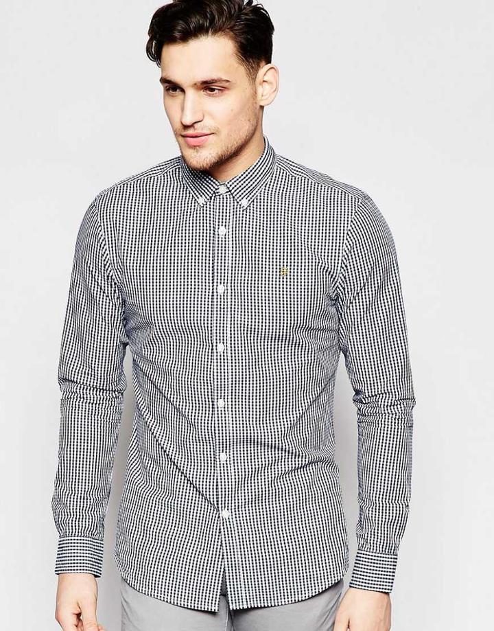 Farah Shirt With Gingham Check Slim Fit - Navy