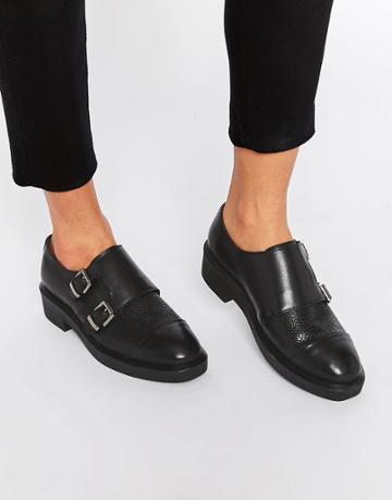Bronx Buckle Flat Monk Shoes - Black