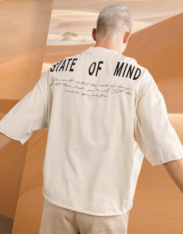 Asos Design Oversized T-shirt In Beige With Back Text Print-neutral