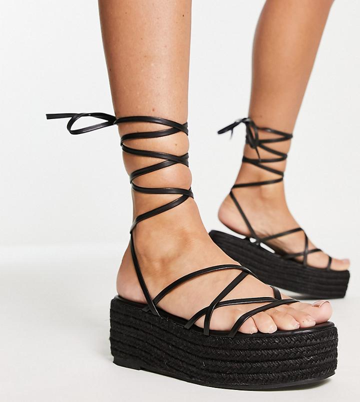 Glamorous Wide Fit Strappy Espadrille Flatform In Black